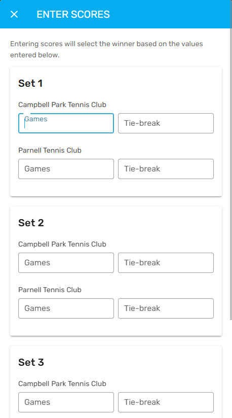 Enter the relevant scores for each set
