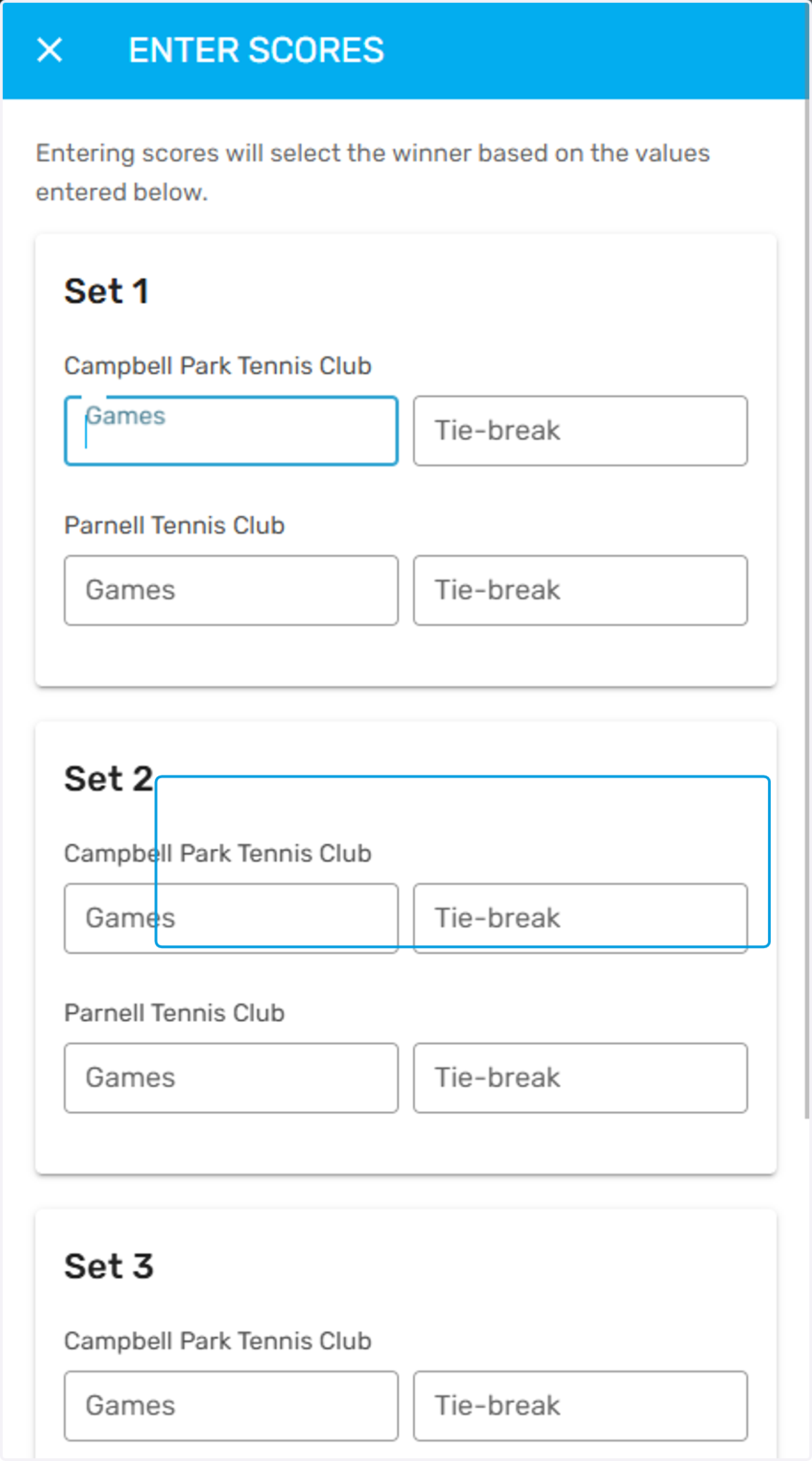 Enter the relevant scores for each set