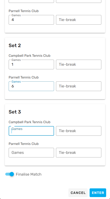 Example of score entry