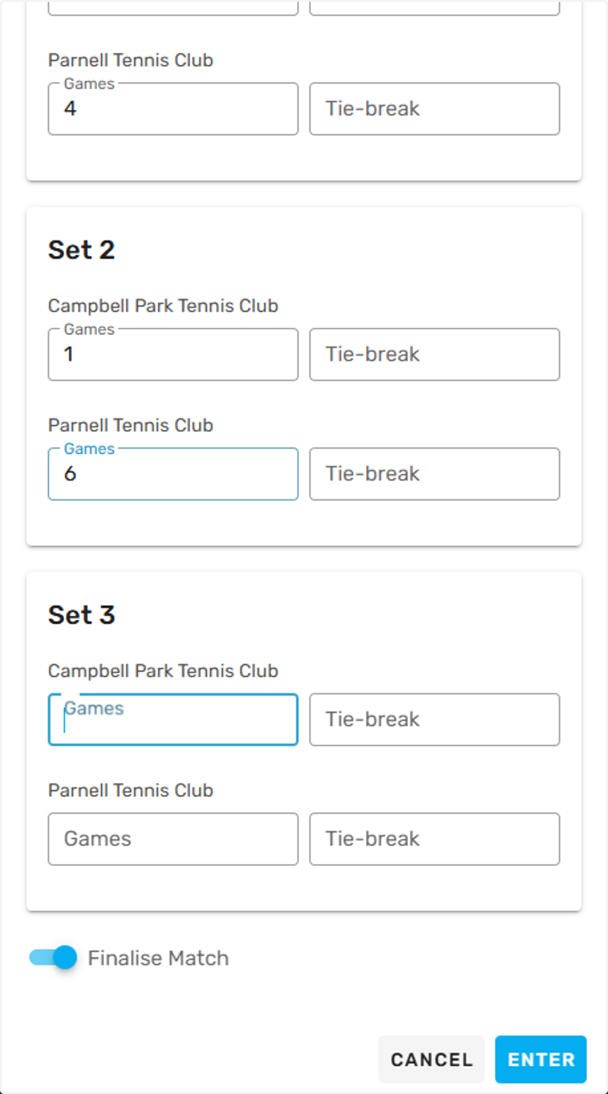 Example of score entry