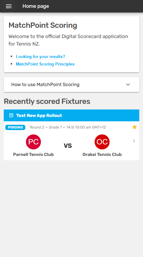 Tap here to find a fixture to select your team and score