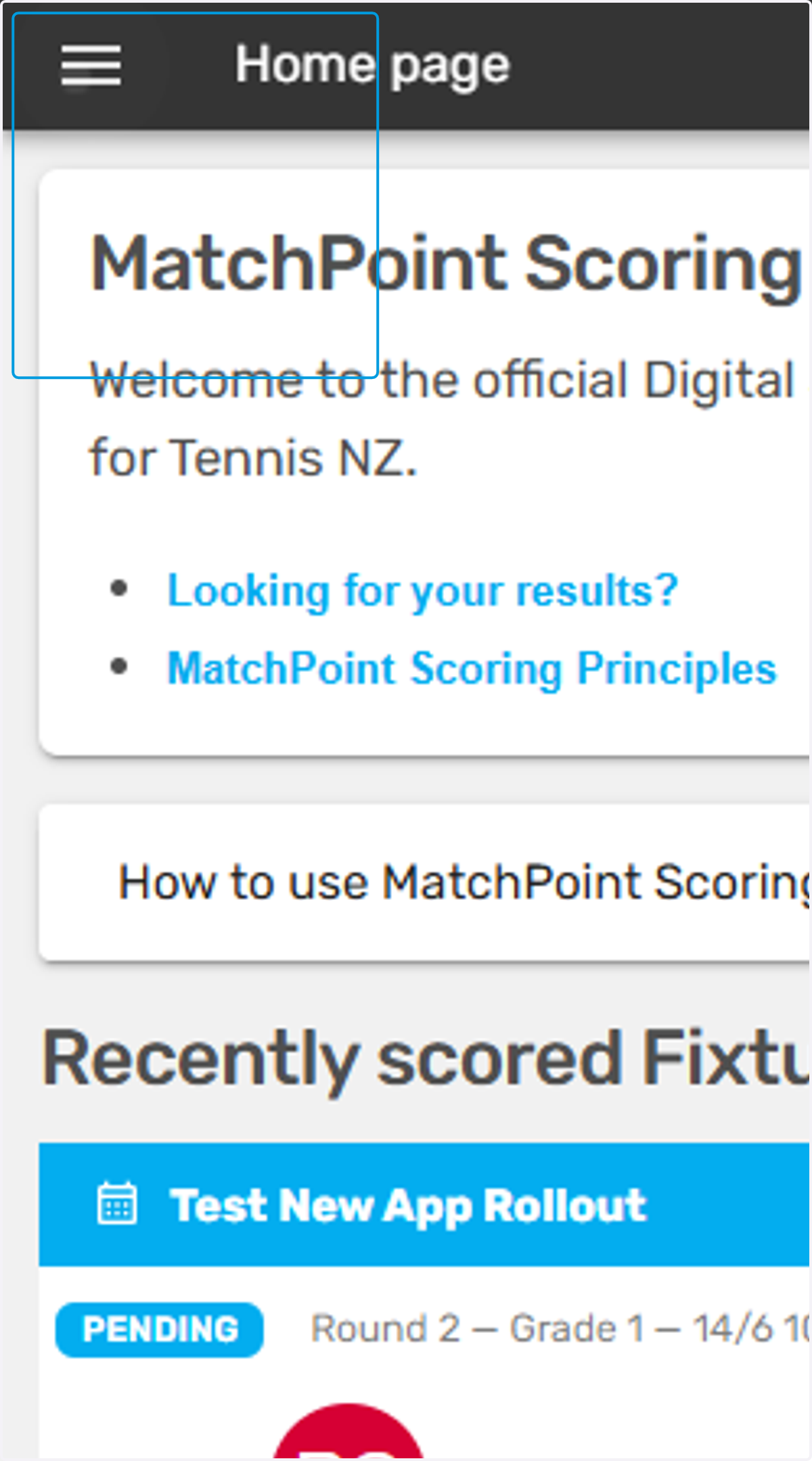 Tap here to find a fixture to select your team and score