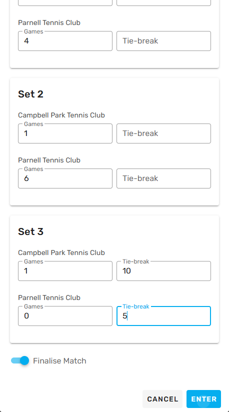 Example of tie-break score entry