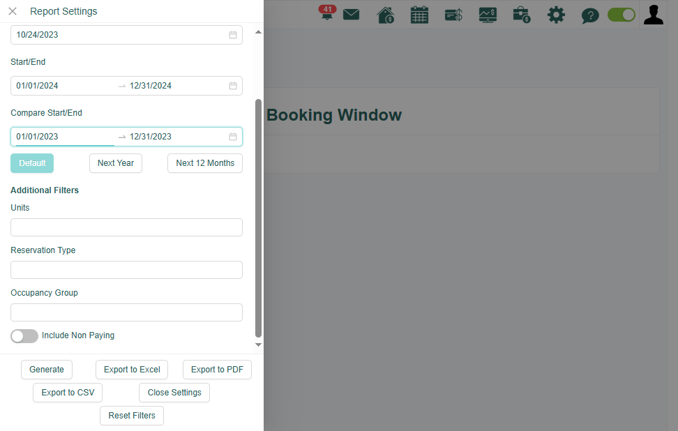 You can also select these buttons to automatically filter the dates by: Default, compare to next year, or compare to the next 12 months