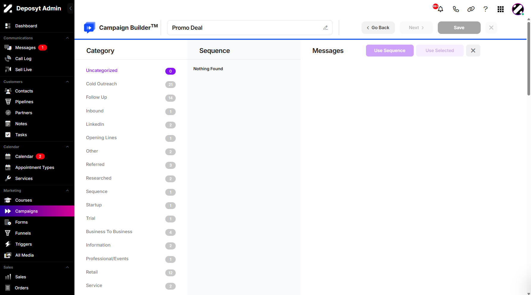 Step 8: You will see the Templates List, where you can choose a category and a sequence.