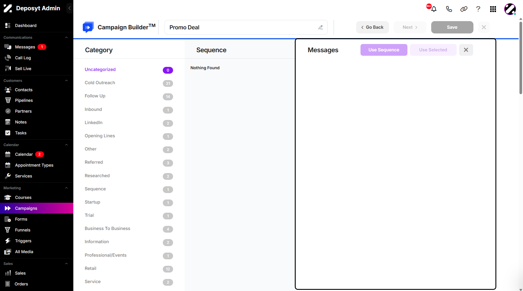 Step 8: You will see the Templates List, where you can choose a category and a sequence.