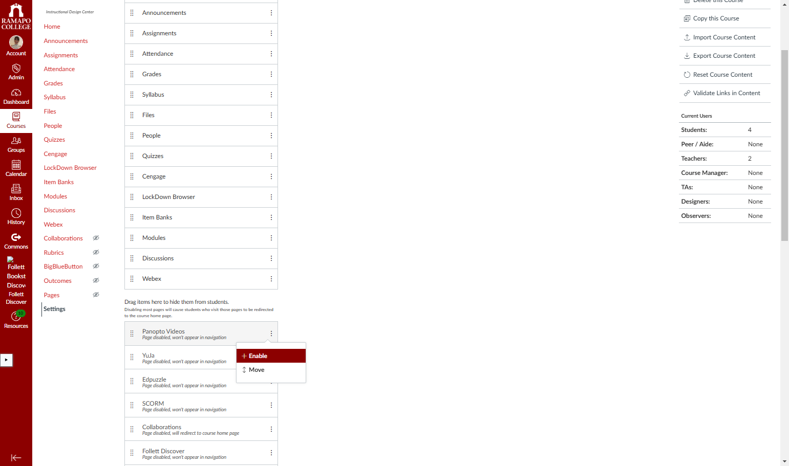 Locate Panopto Videos and click Enable to put it in the Course menu.