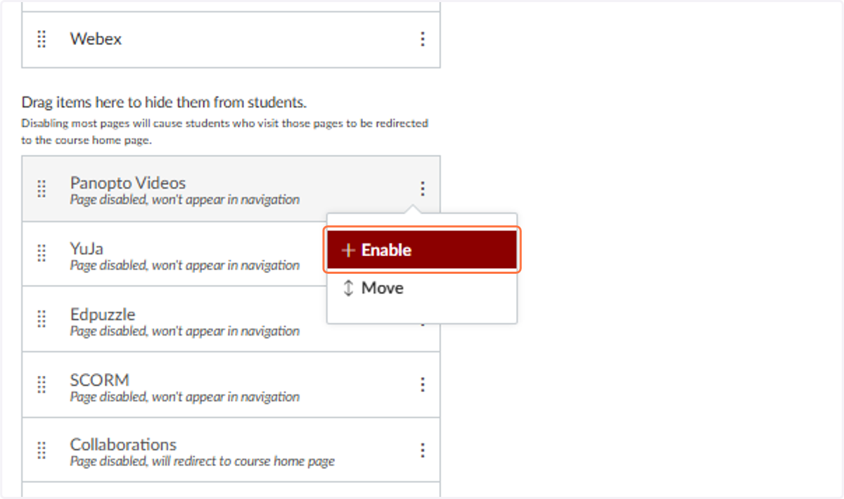 Locate Panopto Videos and click Enable to put it in the Course menu.