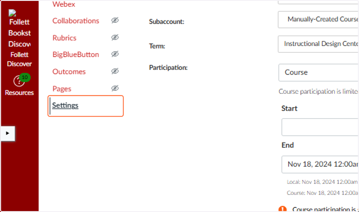 Open your Canvas course and click on Settings.