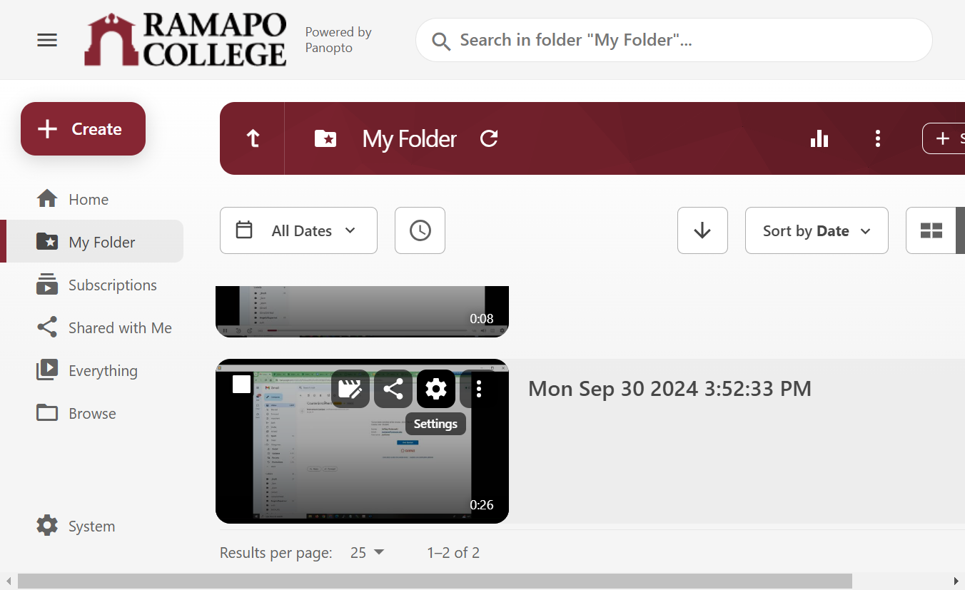 Hover over the video that you want to copy into your Canvas course folder and click on the Settings icon.