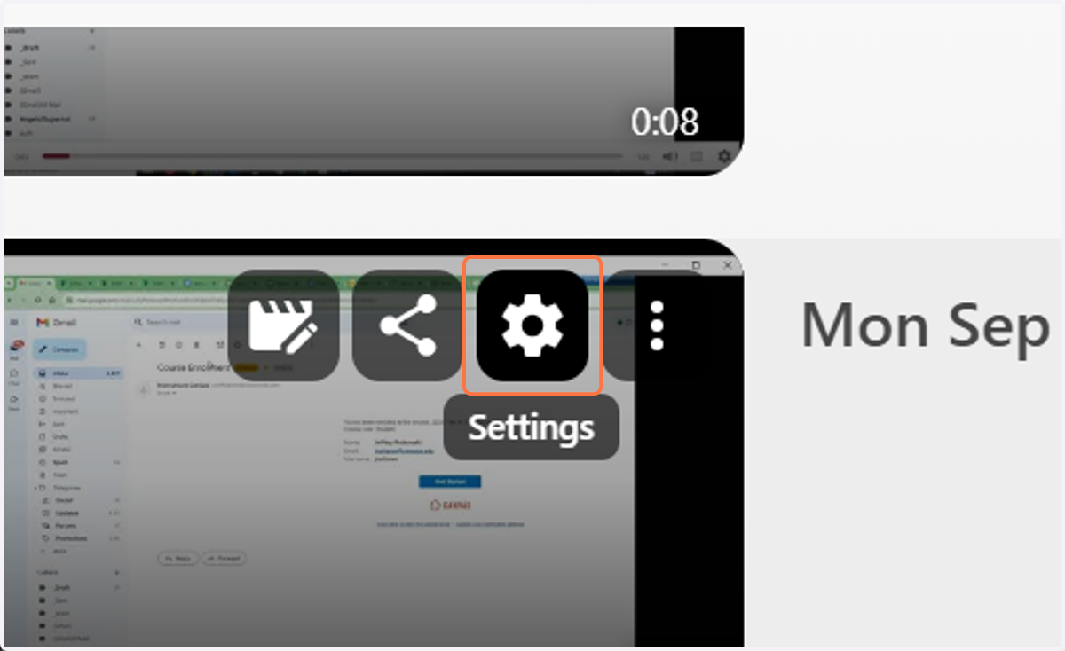 Hover over the video that you want to copy into your Canvas course folder and click on the Settings icon.