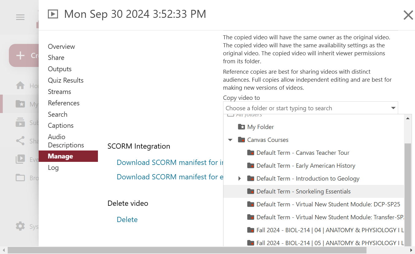 Click on the Canvas course where you want to copy the video.
