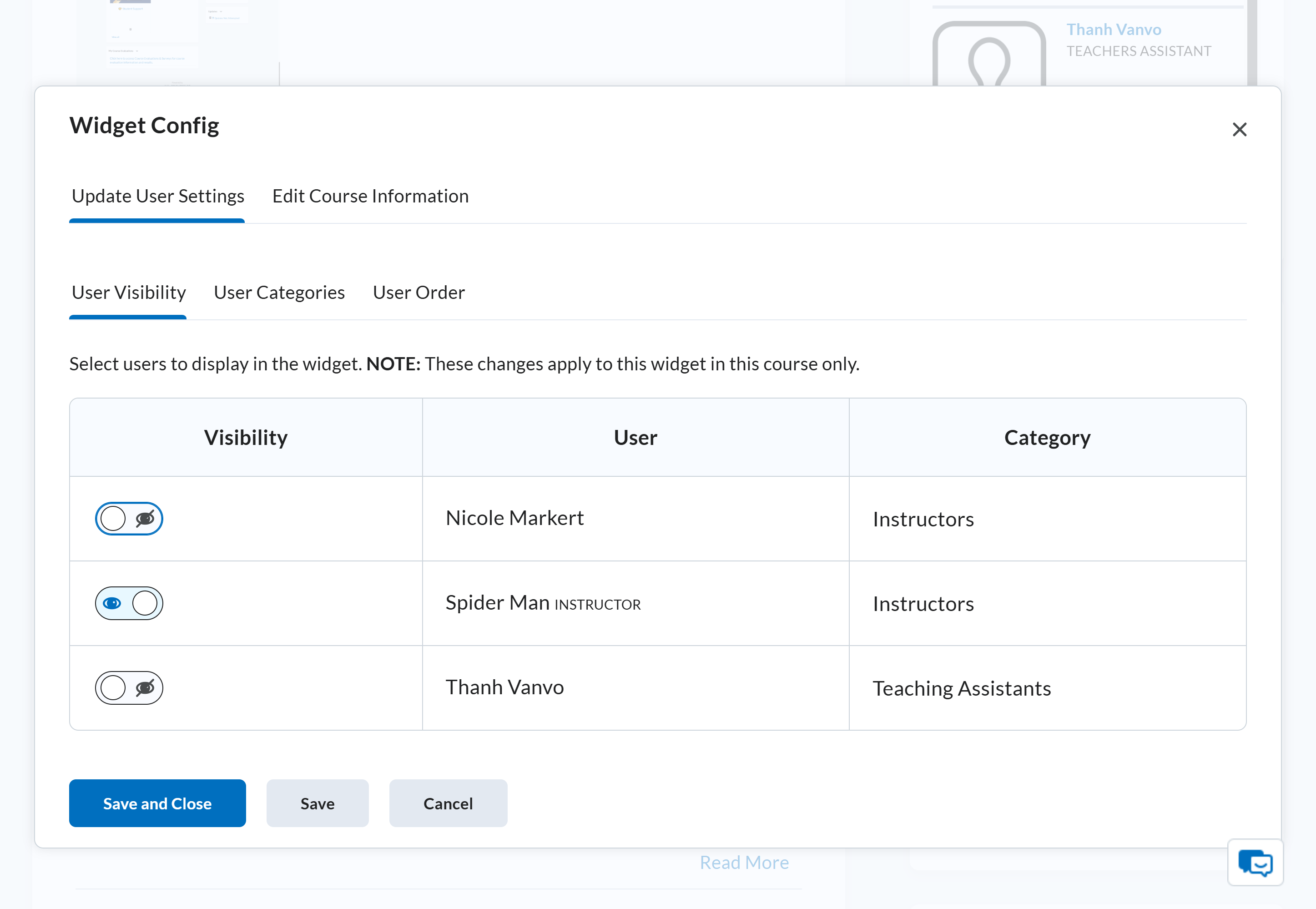 Find the individual you would like to hide and toggle the visibility. Hidden users will not be shown to students.