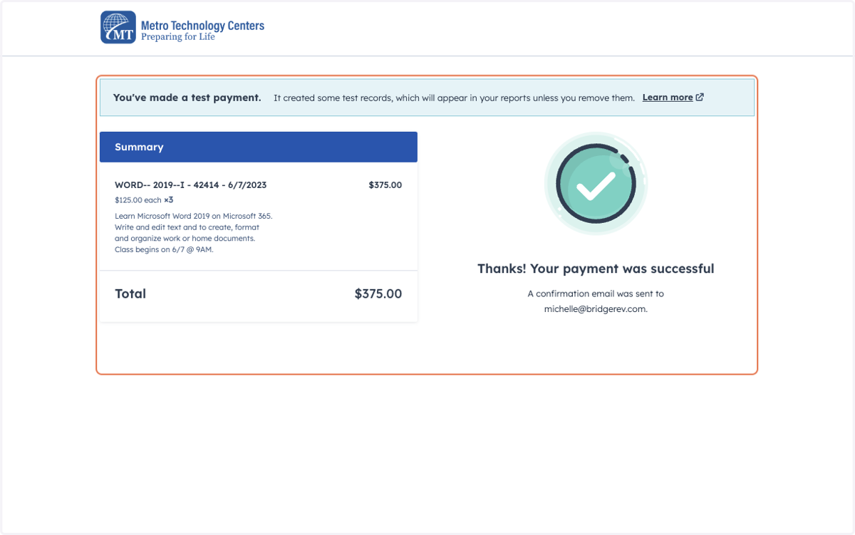 If the payment is successful, you will be redirected to a success screen.