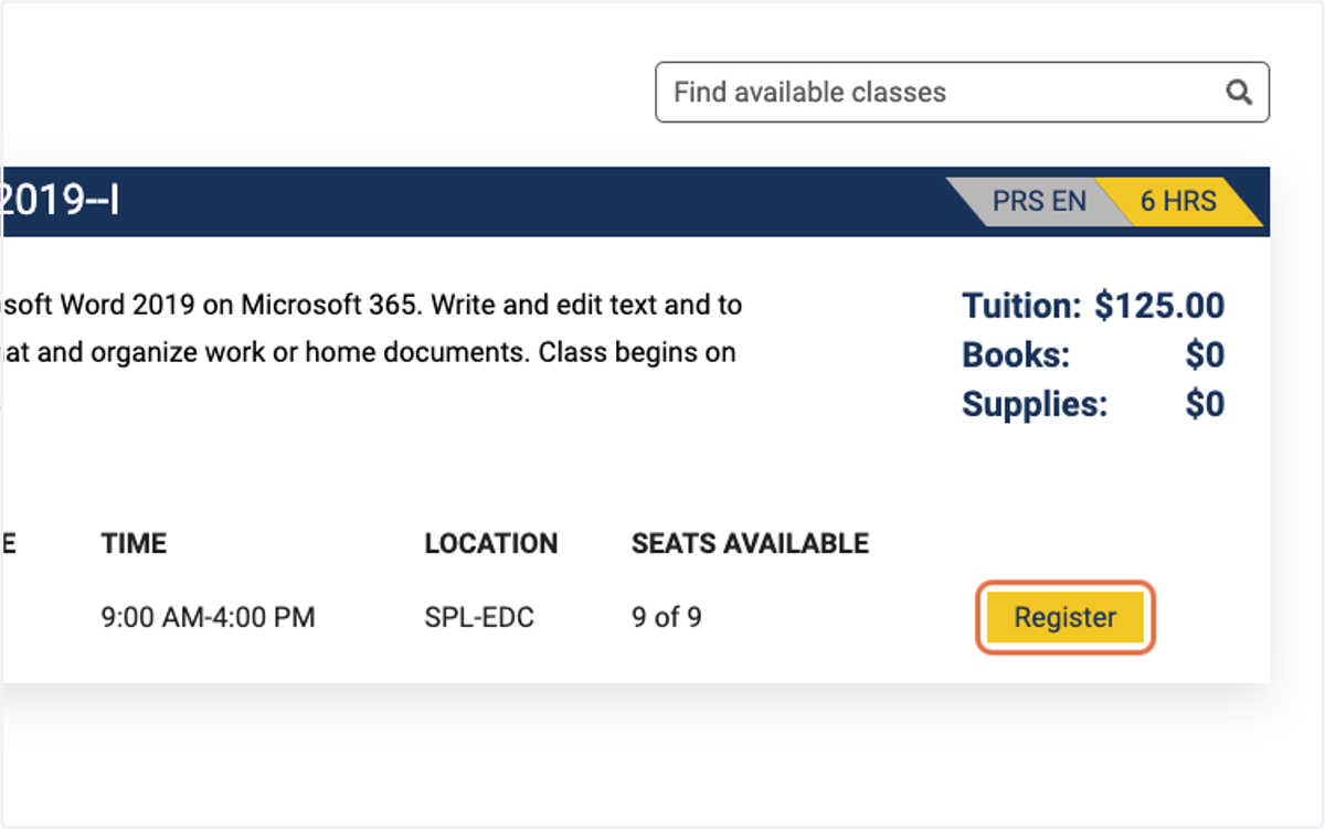Click on Register on the section of class you want.