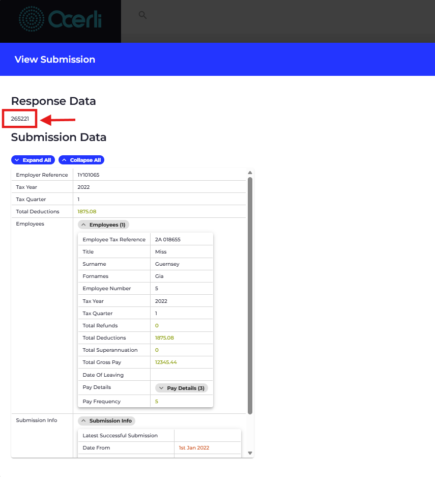 The lodgment number is at the top of the screen underneath 'Response Data'