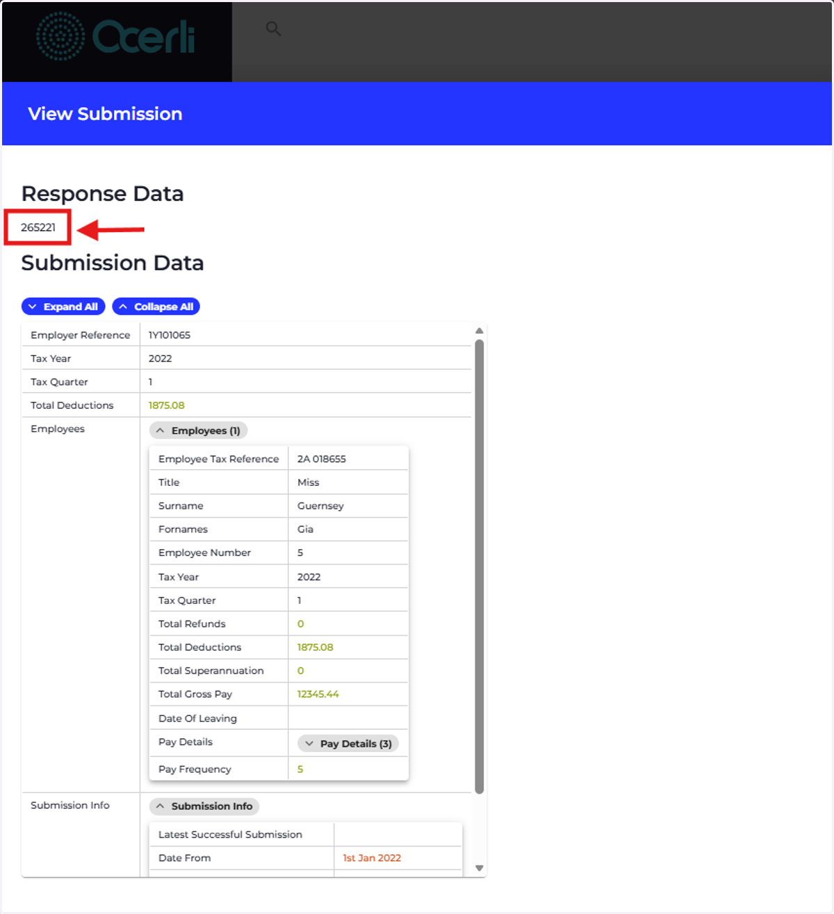 The lodgment number is at the top of the screen underneath 'Response Data'