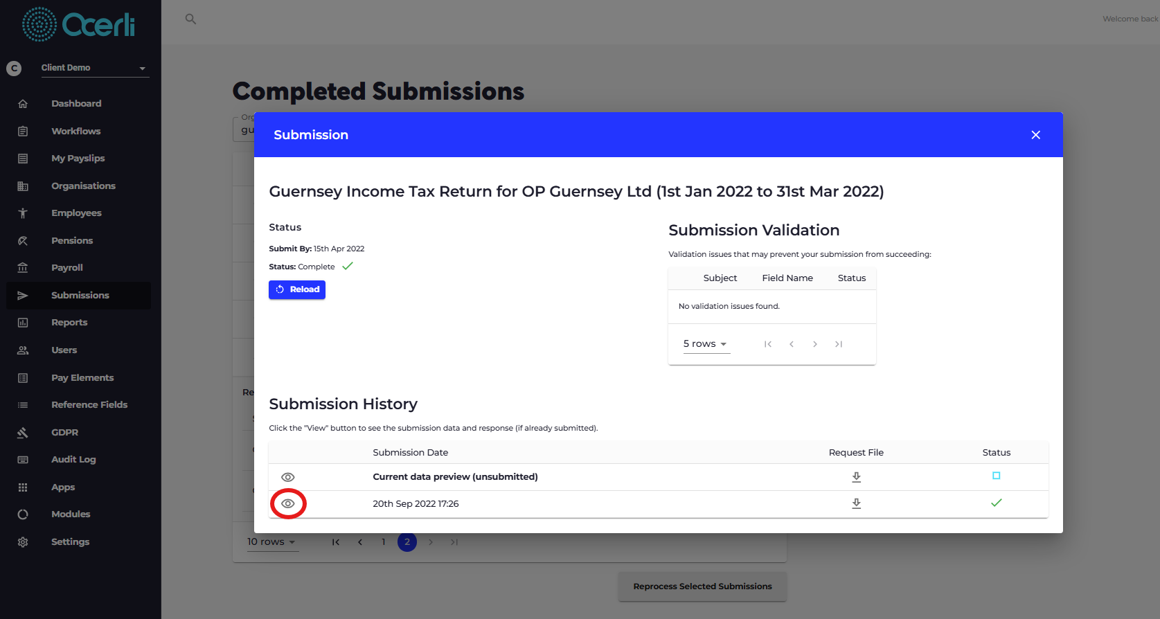 Select the eye icon next to the return that was successfully submitted