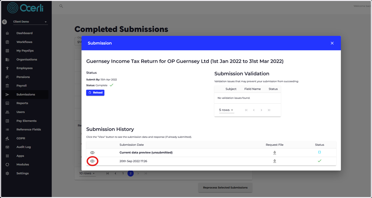 Select the eye icon next to the return that was successfully submitted