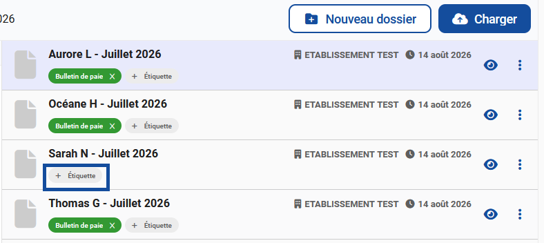 Une fois le document ajouté dans le dossier, il est possible d'ajouter une ou plusieurs étiquettes en cliquant sur "Etiquette".