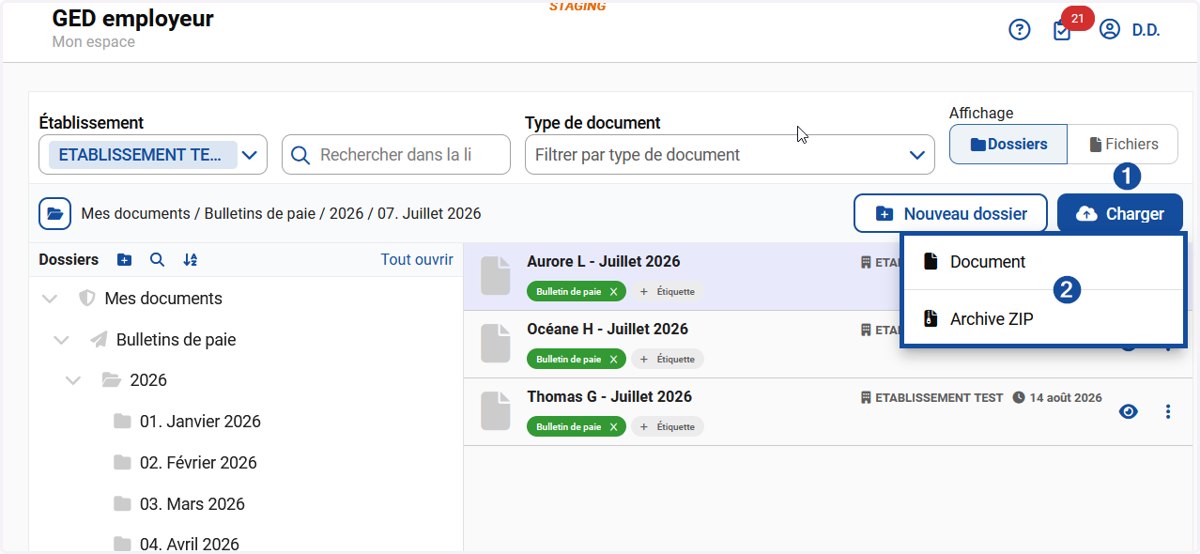 Cliquer sur le bouton "Charger" puis sur "Document" ou "Archive ZIP"