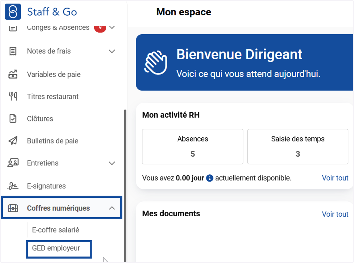 Cliquer sur le module "Coffres numériques" + "GED employeur":