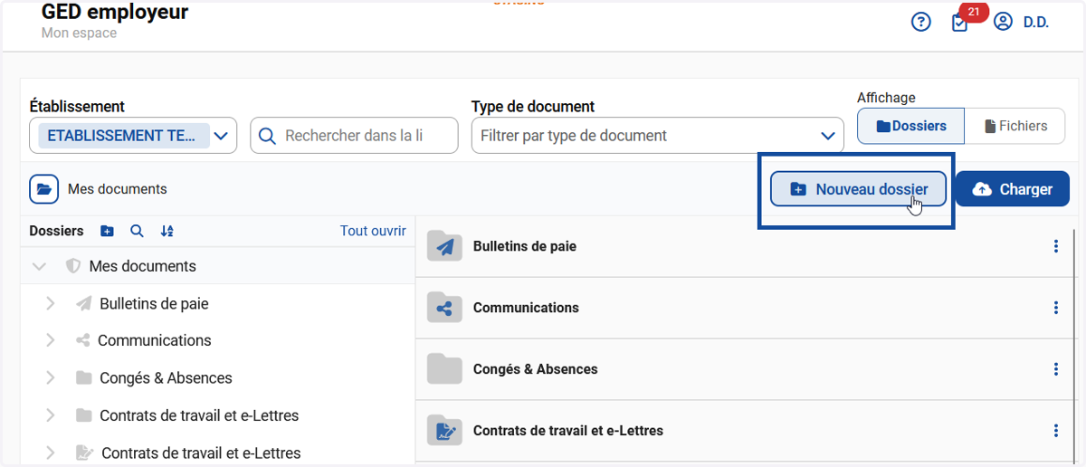 Il est possible d'ajouter un dossier à la racine de "Mes documents" ou dans n'importe quel dossier déjà existant.