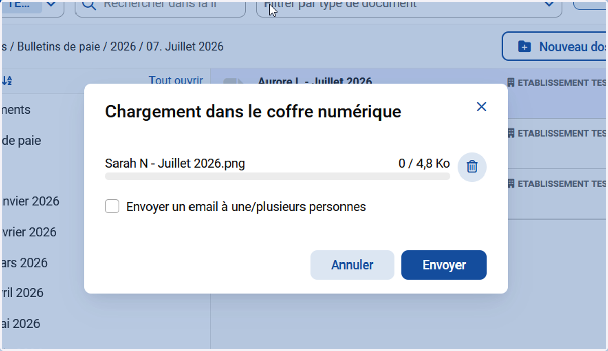 Sélectionner le(s) fichier(s) depuis le PC puis cliquer sur le bouton "Envoyer".