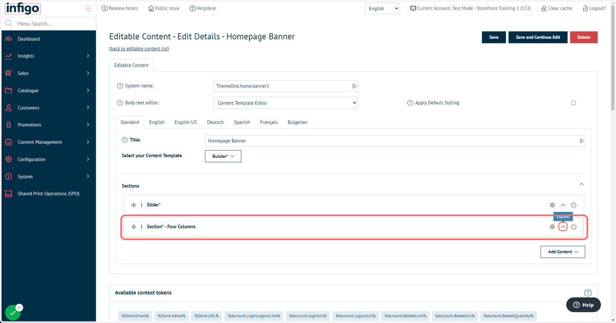 Navigate to your Banner editable content block and expand the Four Column section