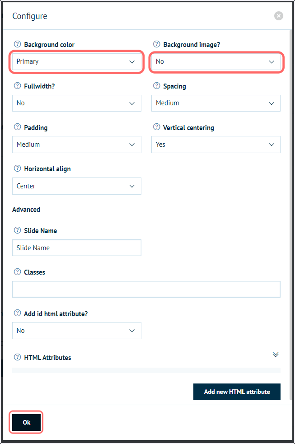 Modify slide configuration settings