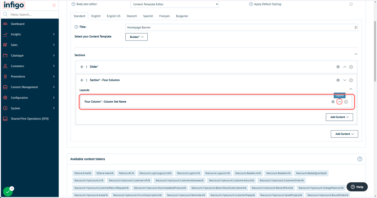 Multiple content blocks can be added to this section to form a bespoke layout. Expand the default Layout to reveal the specification options for the individual columns