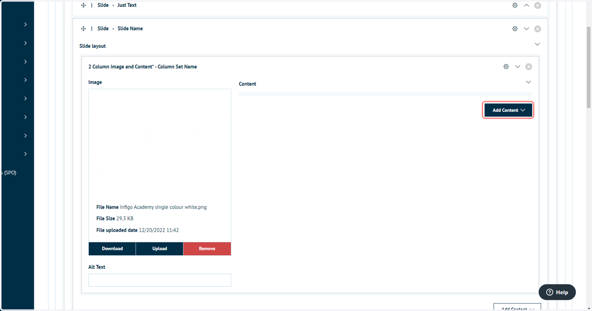 To begin adding content to the 2nd "content" column, click Add Content