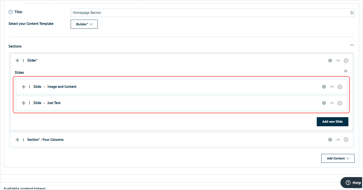Each slide will have it's own specification, operating in much the same way as the main Slider section detailed above.