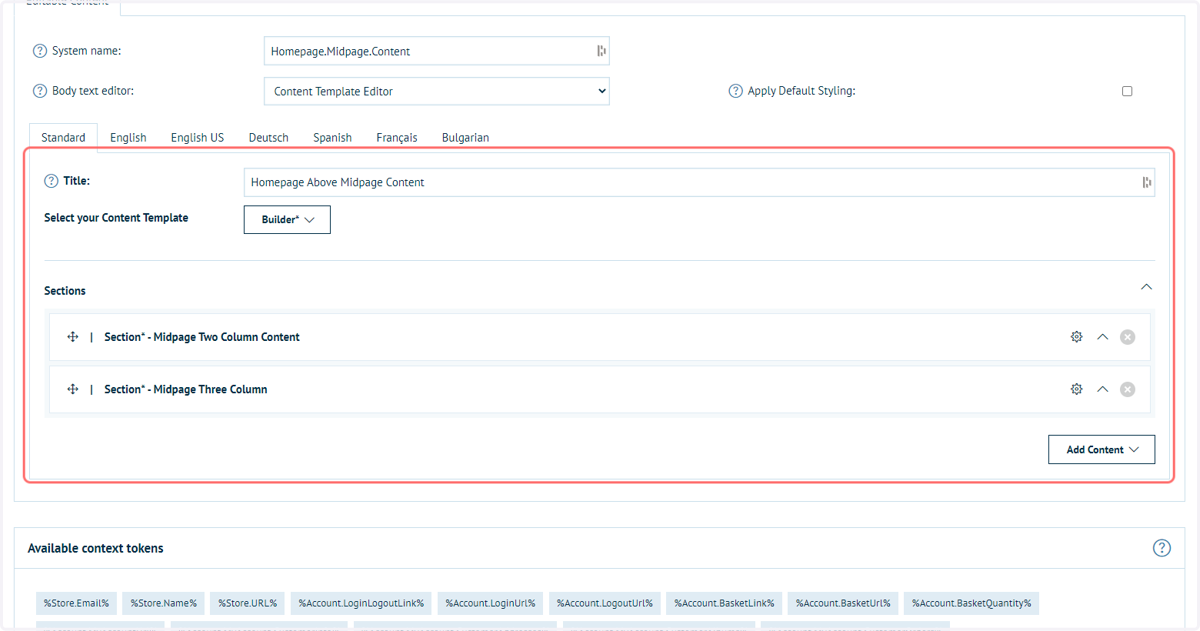 These sections can be built, modified and deleted using the same methodology as the main banner editable content block