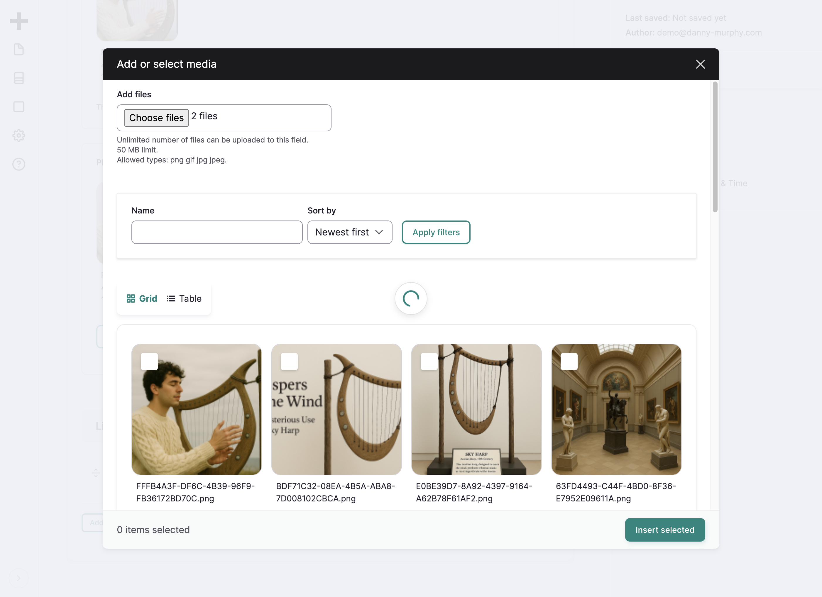 Select "harp-woman1.jpg" from file upload menu