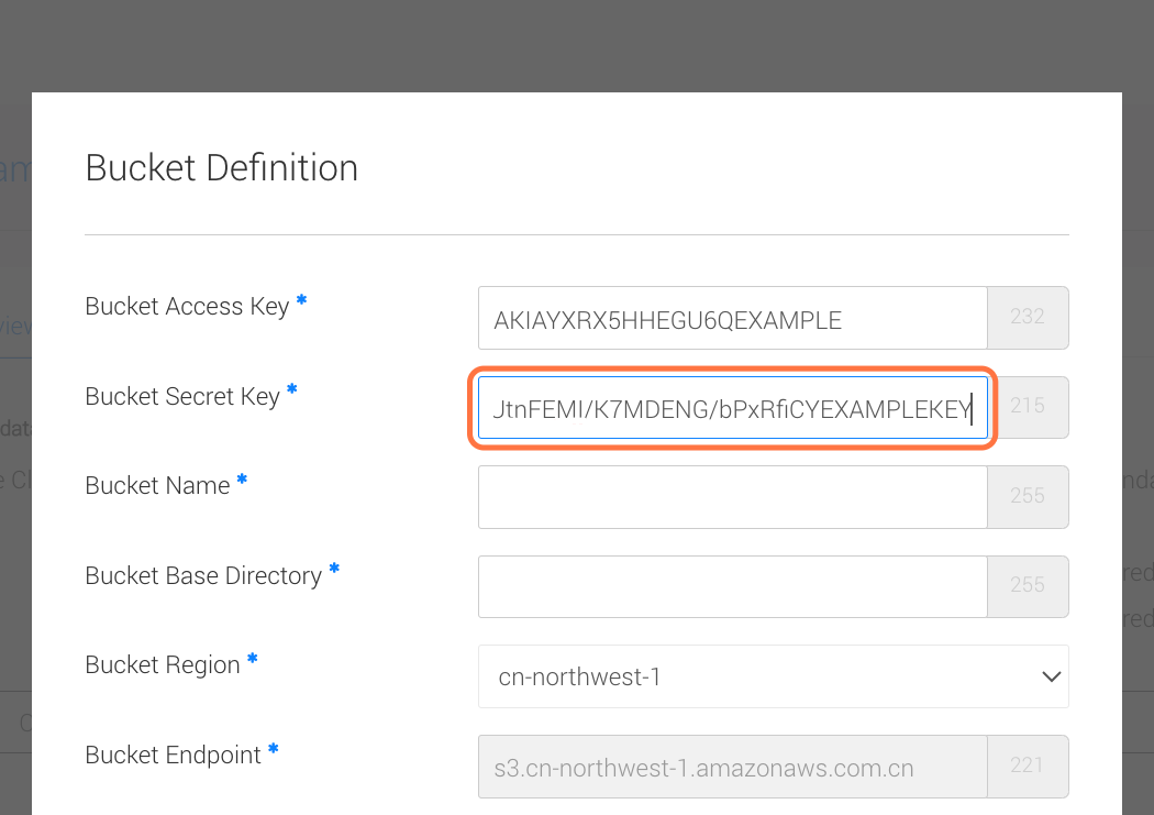 Next to 'Bucket Secret Key' paste your Secret Key