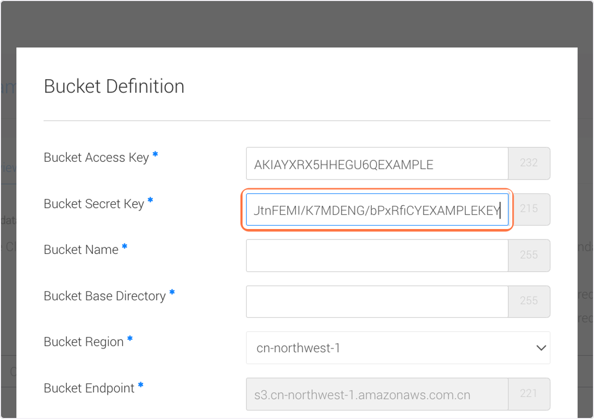 Next to 'Bucket Secret Key' paste your Secret Key Next to 'Bucket Secret Key' paste your Secret Key