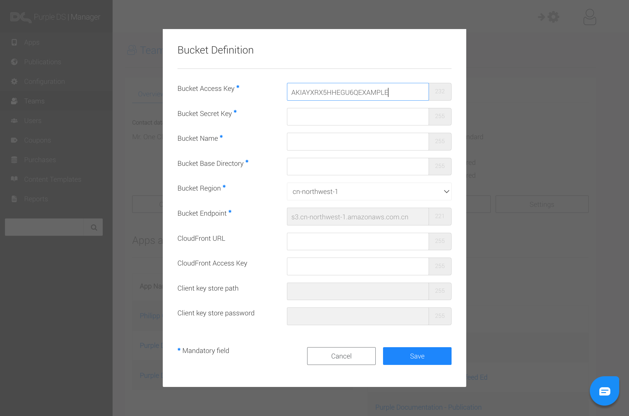 Next to 'Bucket Acess Key' paste your Access Key