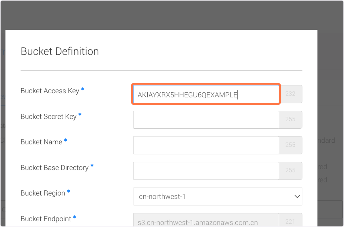 Next to 'Bucket Acess Key' paste your Access Key Next to 'Bucket Acess Key' paste your Access Key