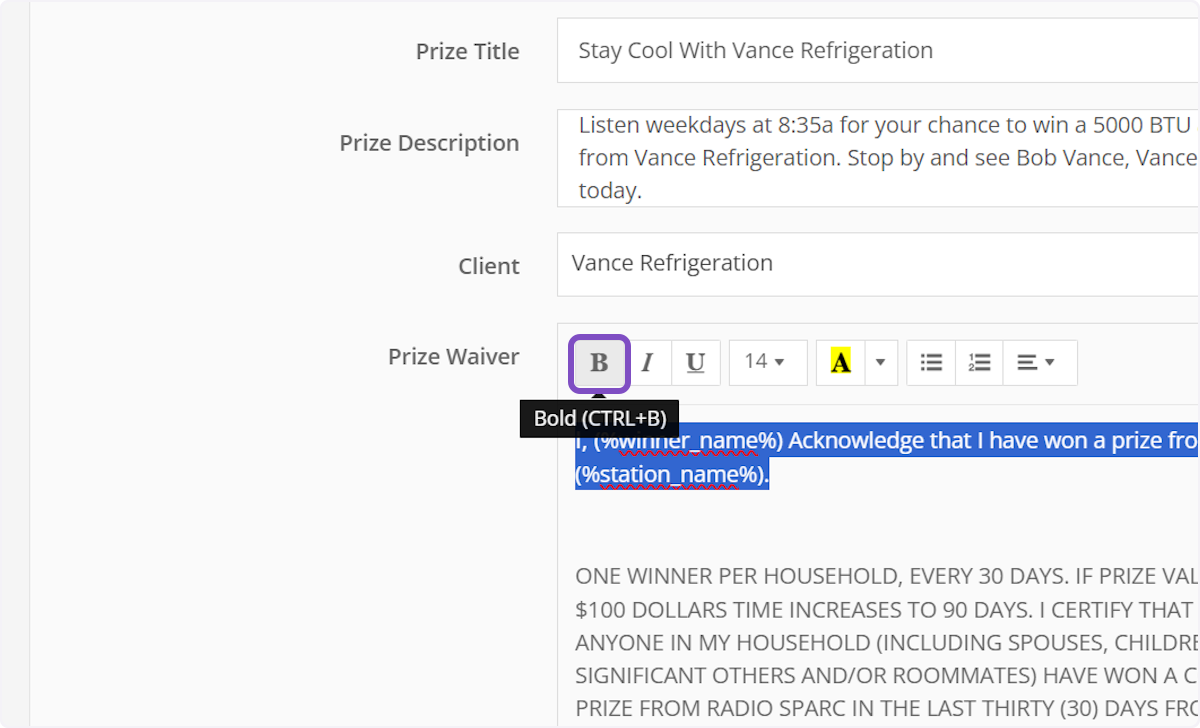 Edit the Prize Waiver