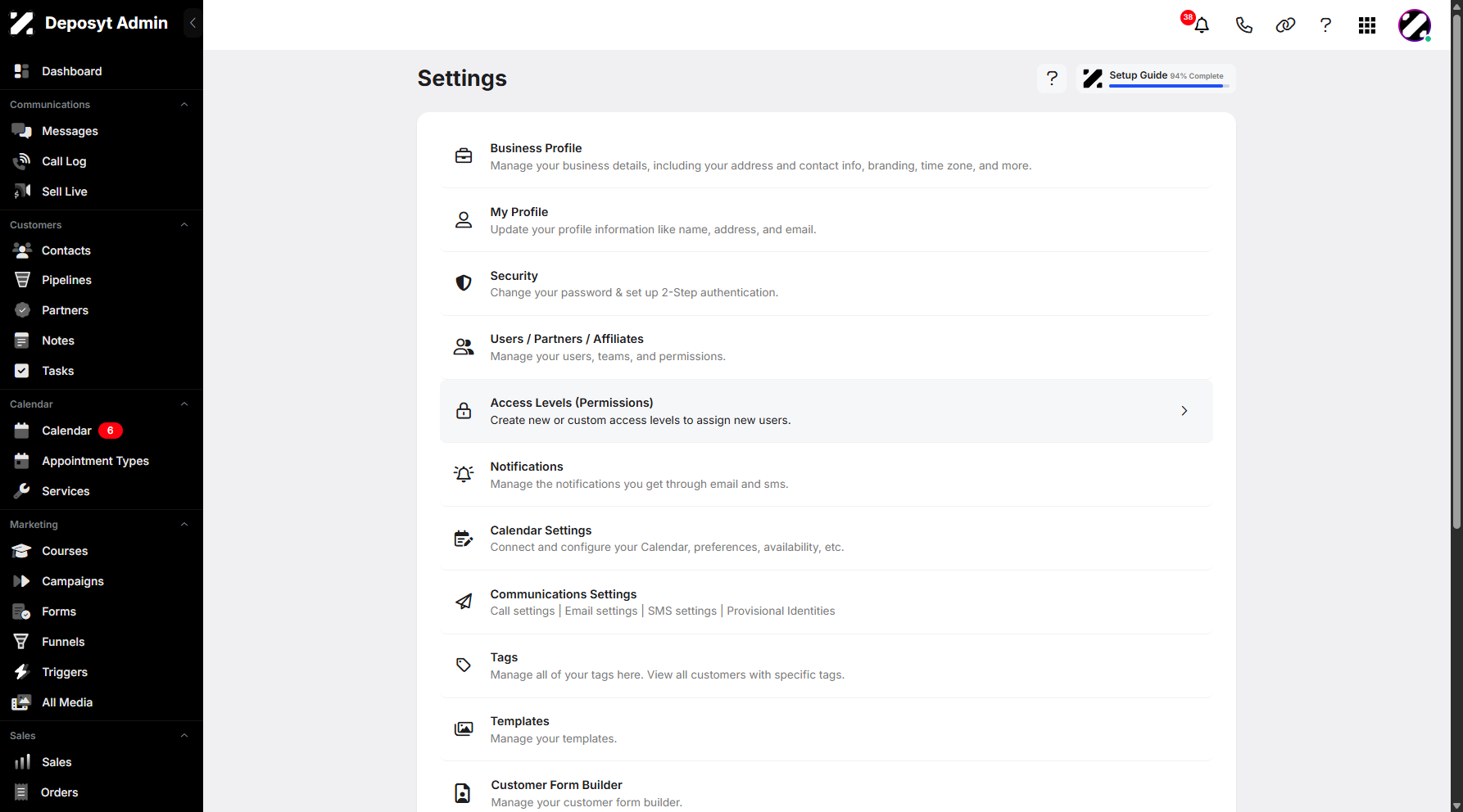 Step 4: Click on Access Levels (Permissions) to continue.