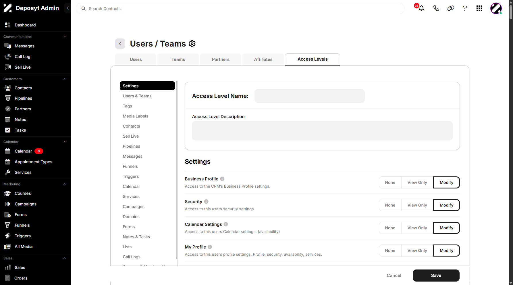 Step 7: You will then be taken to the Users/Teams Access Levels settings.