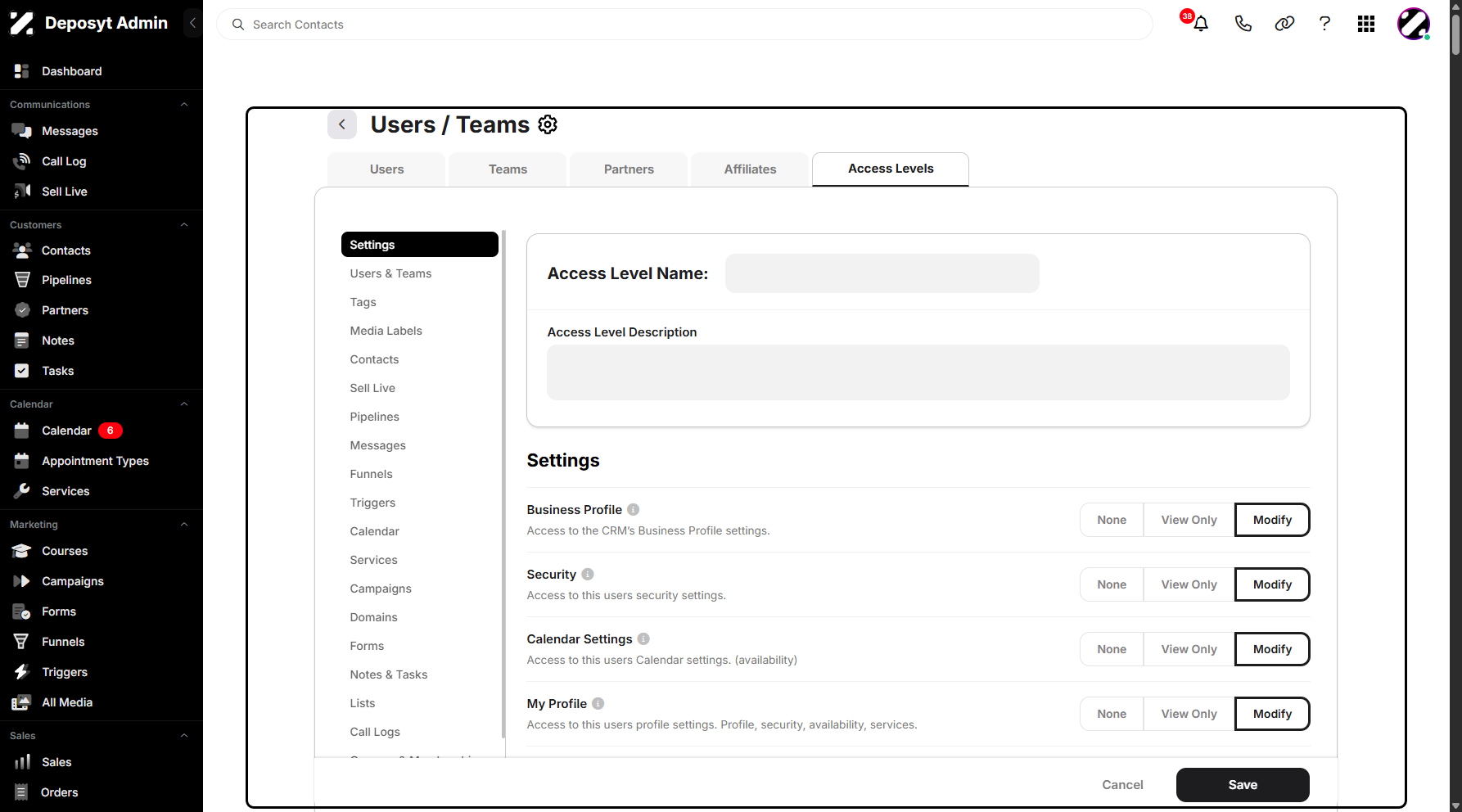 Step 7: You will then be taken to the Users/Teams Access Levels settings.
