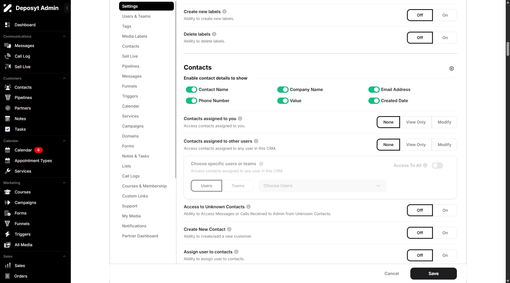 Step 9: You can then toggle the switch on or off to manage access levels for specific sections. You can also choose between None, View Only, and Modify to set access levels for each section.