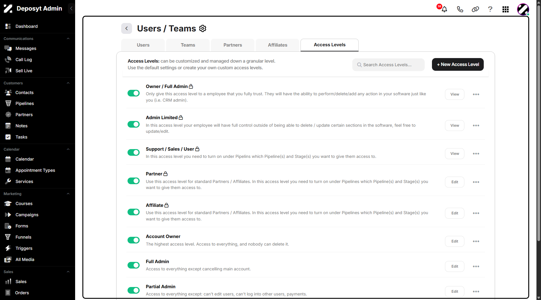 Step 5: You will be taken to the Users/Teams Access Levels tab.