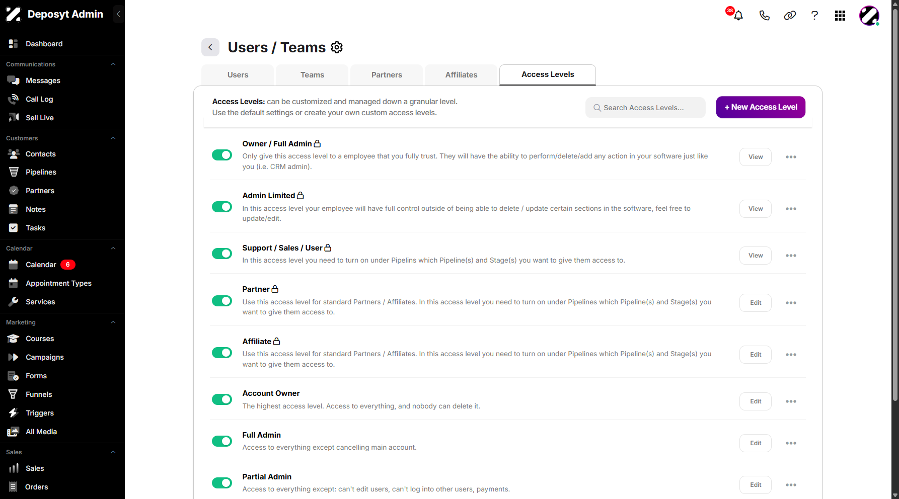 Step 6: To create a new access level, click the + New Access Level button.