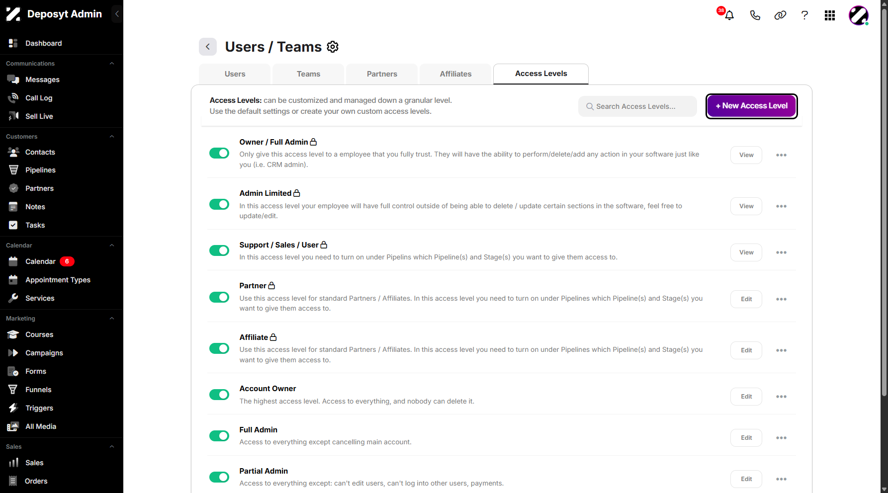 Step 6: To create a new access level, click the + New Access Level button.