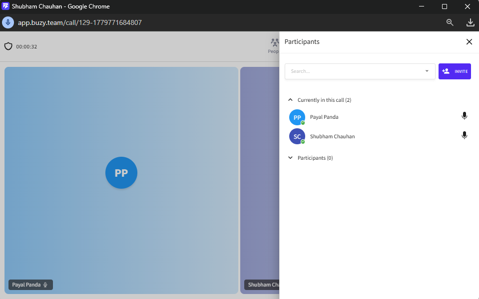The Participants panel allows users to view, manage, and invite members during an active meeting session.