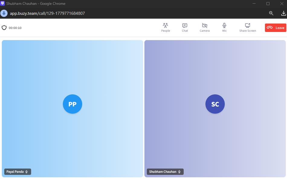 The Meet Now screen allows team members to connect instantly through audio or video collaboration directly inside Buzy.team.