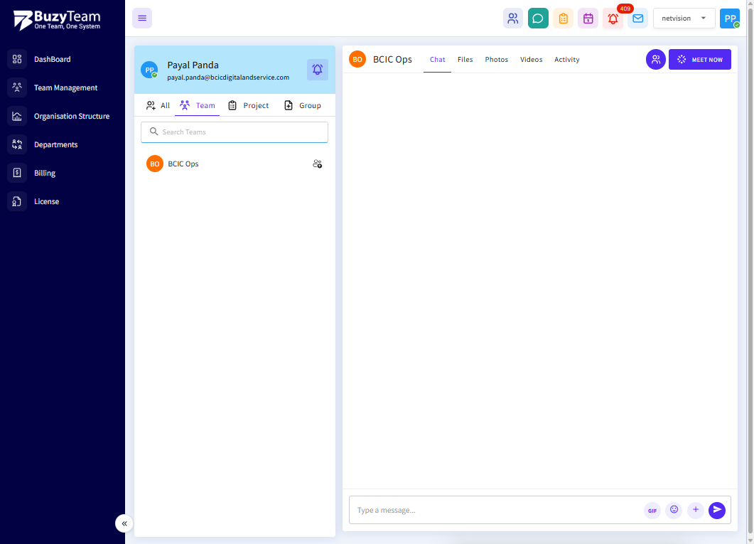 The Team tab displays department-based or operational communication channels.